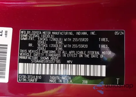 2024 Toyota Grand Highlander Platinum из США, поврежденный, VIN 5TDAAAB5XRS057185